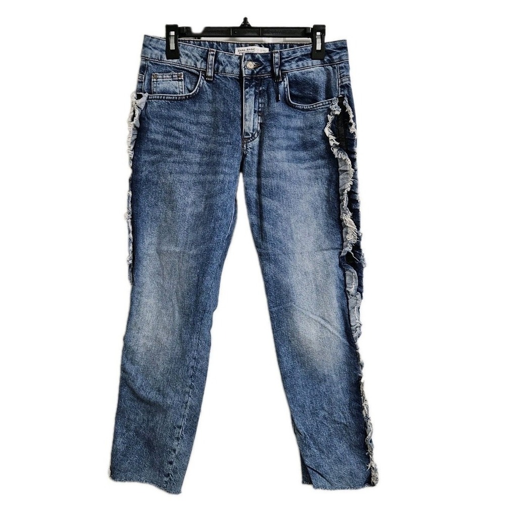 Zara Jeans Women 6 Blue‎ Z1975 Basic Ruffle Side Frayed Raw Hem Straight Leg